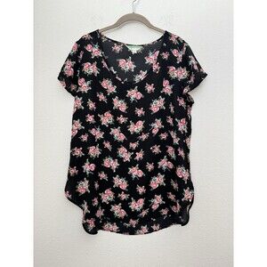 Decree Women's Black Floral Short Sleeve Chiffon Blouse Round Neck Size XL